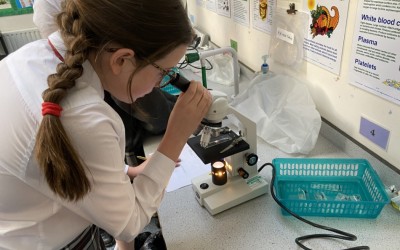 girl looking through microscope